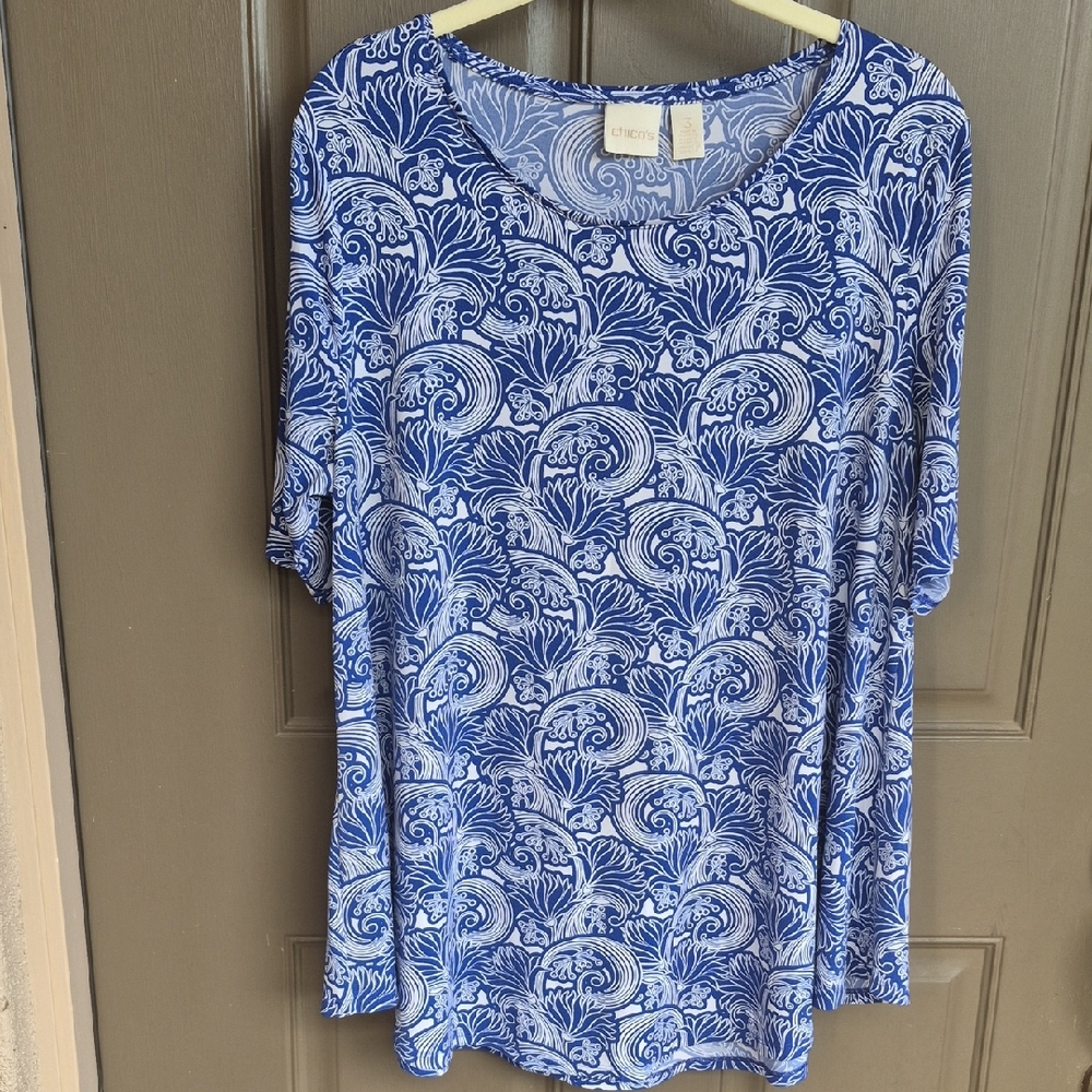 Chico's Elegant Blue and White Swirl Blouse 16/18